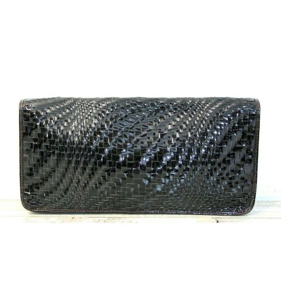 7.2"x14.5" Cole Haan PATENT BROWN WOVEN GENUINE LEATHER FLAP LRG CLUTCH HANDBAG - Picture 2 of 10